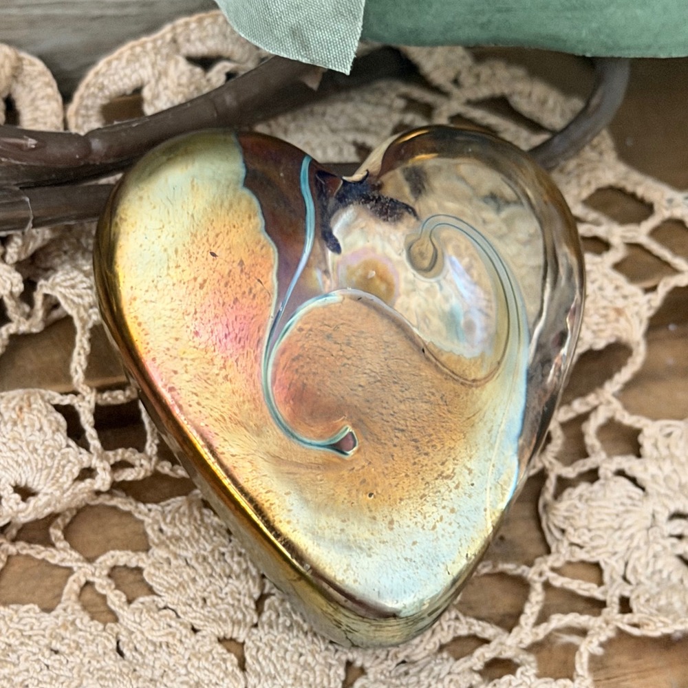 RHAG Signed Iridescent Hand Blown Glass Heart Paperweight Amber Blue Purple